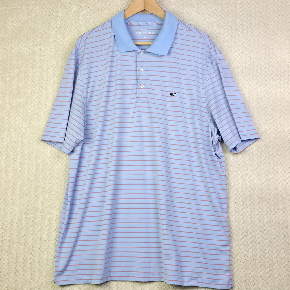 Vineyard Vines Short Sleeve Polo Mens XL Blue With Pink Stripes Golf